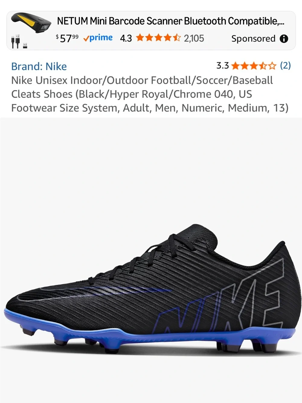 Nike Men’s Black & Blue Soccer Cleats Performance FG - Picture 4 of 4
